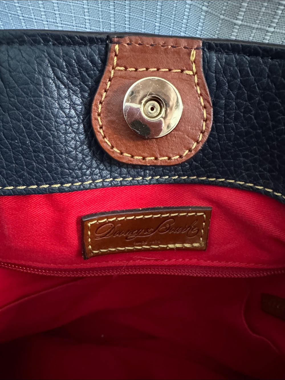 Dooney & Bourke Navy Pebble Leather Tote with Brown Handles and Gold Hardware - Picture 8 of 8